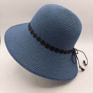Nicole Marciano Blue Straw Wide Brim Sun Hat with Tassel Tie – 58 cm